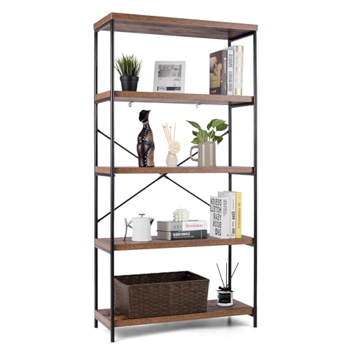 GIANTEX Étagère de Rangement à 5 Niveaux, Bibliothèque Rangement Cadre Métal avec Dispositif Anti-Basculement & Coussinets de Pied, Étagère d’Exposition...