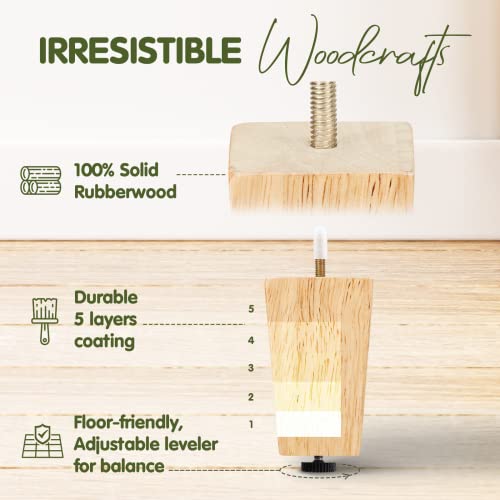 Yes4All 11.5 cm Square Wood Furniture Legs Set of 4 – Wooden Replacement Feet for Couch, Bed, Bench – Adjustable Sofa & Ottoman Tapered Legs with Leveler – Natural Rubber Wood Parts for Table, Chair by Yes4All - Image 4