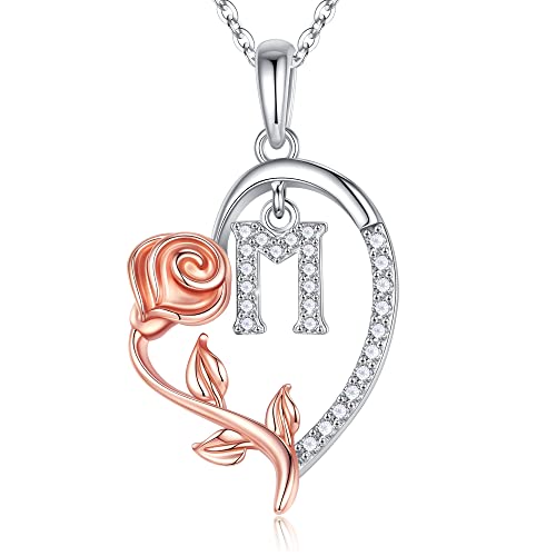 Sterling Sliver Initial Necklaces For Women Girls Jewelry, Dainty Rose Flower Heart Letter M Necklace Unique Heart Initial Necklaces For Women Girls Mothers Day Valentines Birthday Christmas Gifts #TOP1
