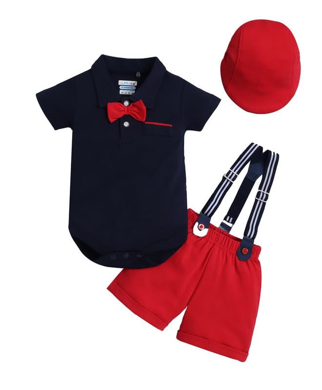 Image of BUMZEE Boys Regular Fit Half Sleeves Collar Neck Cotton Bodysuit & Short Set With Applique Bow Suspender & Cap