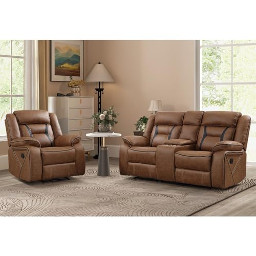Image of EBELLO Manual Recliner Sofa Set, Faux Leather Reclining Living Room Furniture Set, Included Single Recliner Chair and Manual Loveseat Sofa, Brown