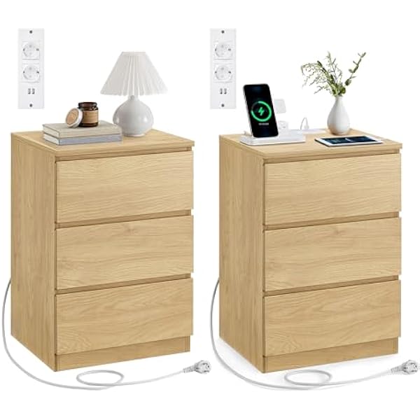 VASAGLE Kolekcja Kailyn - stolik nocny z listwą zasilającą, zestaw 2 stolików bocznych z 3 szufladami, 2 gniazda AC, 2 porty USB, do salonu, sypialni, biura, nowoczesnego, słomkowego żółtego LET831Y70