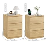 VASAGLE Kailyn Kollektion - Nachttisch mit Steckdosenleiste, 2er Set, Beistelltisch, 3 Schubladen, 2 AC-Steckdosen, 2 USB-A-Anschlüsse, modern, strohgelb LET831Y70