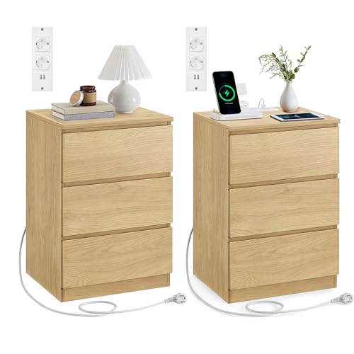 VASAGLE Kailyn Kollektion - Nachttisch mit Steckdosenleiste, 2er Set, Beistelltisch, 3 Schubladen, 2 AC-Steckdosen, 2 USB-A-Anschlüsse, modern, strohgelb LET831Y70