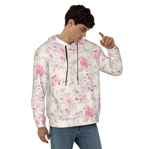 Men's Fleece Pullover Hoodies, Beautiful vintage pink flower Printed Casual Drawstring Hooded Sweatshirts4