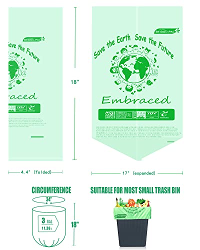 Beidou-Pac 100% Compostable Trash Bags, 3 Gallon Compost Bags Small Kitchen Trash Bags, Flat Top, 100 Count Sturdy Biodegradable Garbage Bags Food Scrap Waste Bags, Astm D6400, Us Bpi Certified #TOP1
