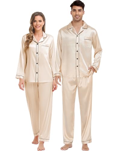 SWOMOG Couples Silk Satin Pajamas Sets Women & Men Long Sleeve Sleepwear 2PCS Pjs Button-Down Loungewear Comfy Nightwear
