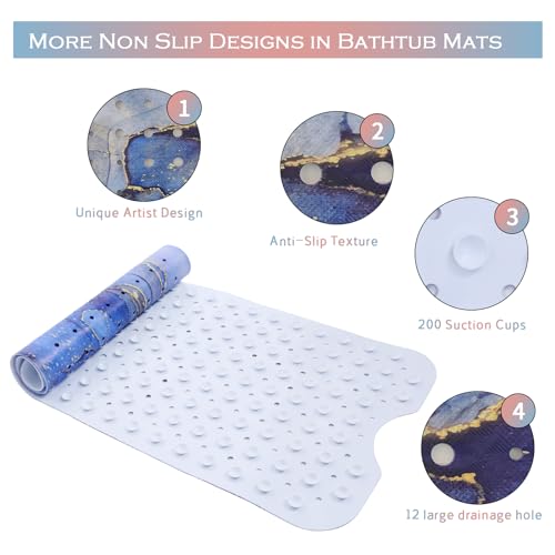 Blue Bathtub Mat Non Slip Gold Line Marble Extra Long Bath Mat for Tub 40x16in Abstract Art Anti Slip Shower Mat for Bathroom with Large Drain Holes and Suction Cups Bath Mat and Bathtub Decor - Image 3