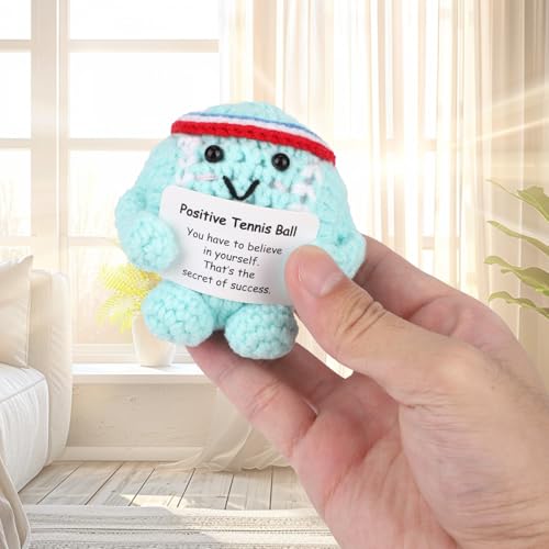 Image of TOYMIS Positive Tennis Ball, Adorable Handmade Knitted Positive Tennis Ball with Encouragement Card Funny Crochet Inspirational Doll for Party Favor & Office Home Decor