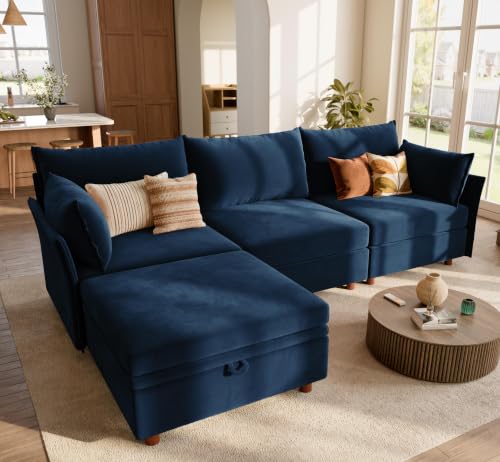 ABCASA 102.6" L Shaped Modular Sectional Couch with Removablr Cover, 4 Seater Deep Seat Sofa with Storage Ottoman for Living Room, Pet-Friendly Velvet, Blue