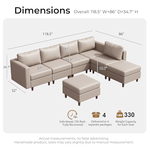 Image of ABCASA Faux Leather Sectional, Modular Sectional Sofa with Storage Seats, 7 Seat Faux Leather Modular L Shaped Couches with Movable Ottoman for Living,Whitesand