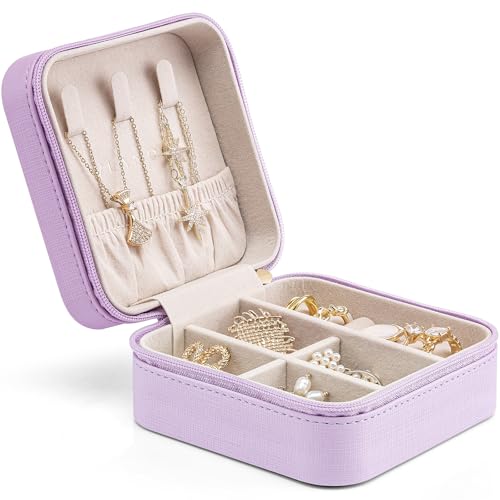 Vlando Small Faux Leather Travel Jewellery Box Organizer Display Storage Case for Rings Earrings Necklace without Mirror,Purple B.Necklace Purple