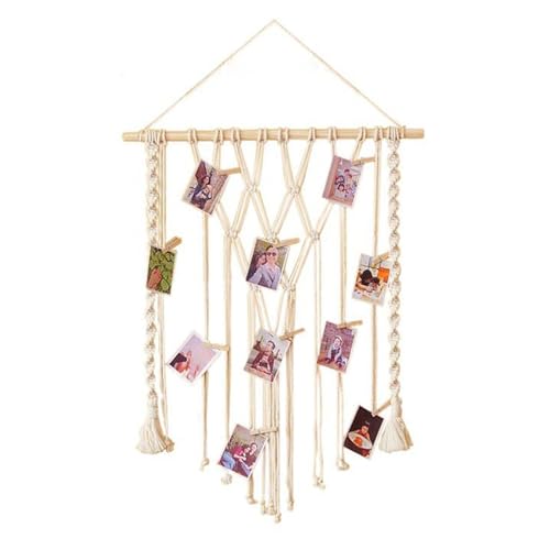 UIYIHIF Macrame Hanging Photo Display Wall Decor with 10 Clips, Boho Photo Garland String for Wall Art, Picture Frame Collage Board for Bedroom Dorm Christmas Birthday Party (A)