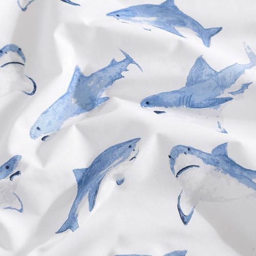 Image of Poppy & Fritz - Full Size Sheet Set, 100% Long-Staple Percale Cotton Bedding, Crisp & Cool, Deep Pockets, Bed Sheets with Matching Fitted Sheet & Pillowcases (Shark Attack Blue)