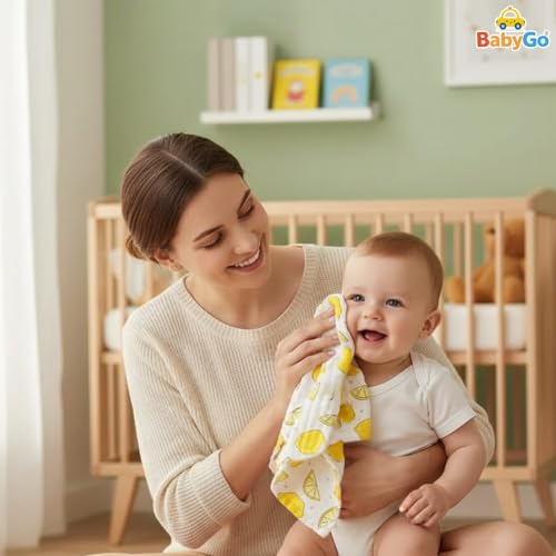 Image of BabyGo Muslin Baby Washcloths - 6 Layer Ultra Soft Cotton Baby Towels | Highly Absorbent Face Towels for Newborns, Kids & Toddlers | Quick Dry Burp Cloths & Bath Essentials (Large) - Pack of 4