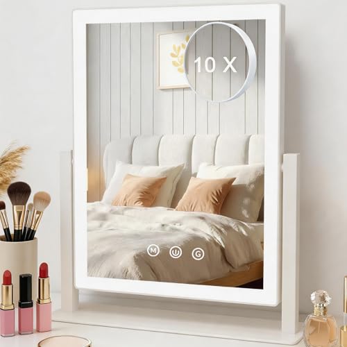 AIMAX Miroir Coiffeuse de Maquillage Lumineux, 27,5 x 37,5 cm, Rotation à 360°, Miroir cosmétique avec LED, 3 Modes d'éclairage et intensité Variable,...