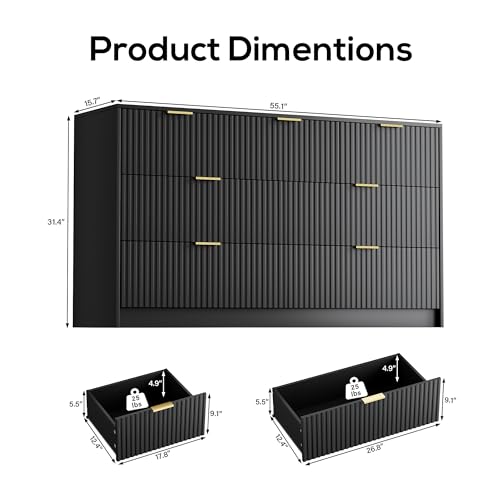 Image of Furniway Black Dresser Bedroom Set 3 Pieces, Nightstands Sets of 2, 7 Drawer Dresser with Gold Handles for Bedroom