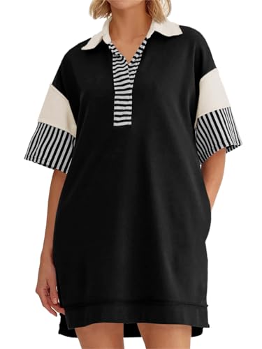 Wenrine Women's Polo V Neck T Shirt Dress Casual Summer Oversized Color Block Short Sleeve Sweatshirt Mini Dresses