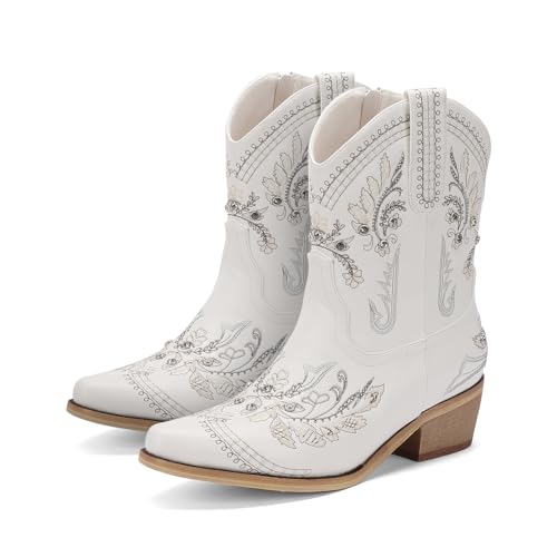Image of Rhinestone Ankle Cowboy Boots for Women Embroidered Short Cowgirl Boots with Low Heel Side Zipper Comfortable Chunky Heel Western Booties for Prom Party Wedding Pull On Shoes