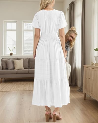 TAOMYTAWomens Summer 2025 Casual Midi Maxi Dresses Lightweight Short Sleeve V Neck Elastic Waist Boho Beach Dress Pockets4