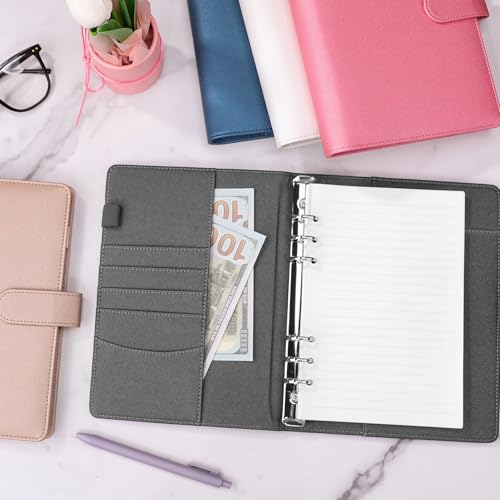 Image of Antner A5 Notebook Binder with 6 Ring Photocard Cover, PU Leather Refillable Budget Binder Loose Leaf Personal Organizer with Magnetic Buckle, Glitter Black