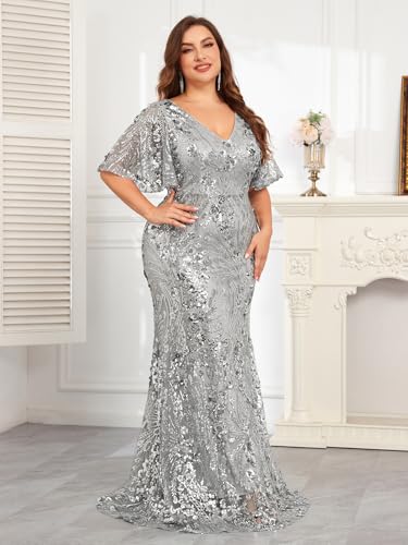 Image of Plus Size Glamous Short Sleeves Womens Sequin Dress Formal Gowns Evening Glitter Mermaid Prom Dress