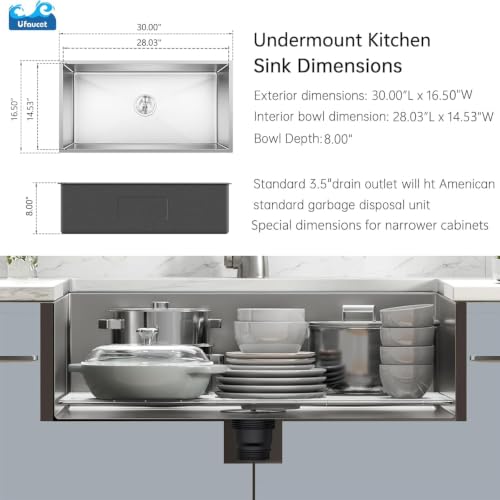 Image of 30 inch x 16.5 inch x 8 inch Undermount Kitchen Sink, 30 Inch Under Mount Brushed Nickel RV Laundry Utility Undermount 16 Gauge Stainless Steel 8 Deep Single Bowl Small Kitchen Laundry Narrow Sink