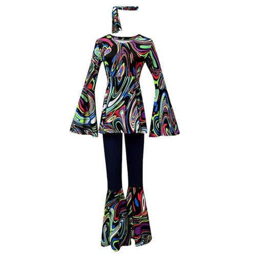 Generisch Disco Outfit Hippie Kostüm Damen, 60er 70er Jahre Outfit Abba Flower Power Kleidung Oberteil mit Ausge stellten Ärmeln, Schlaghose...