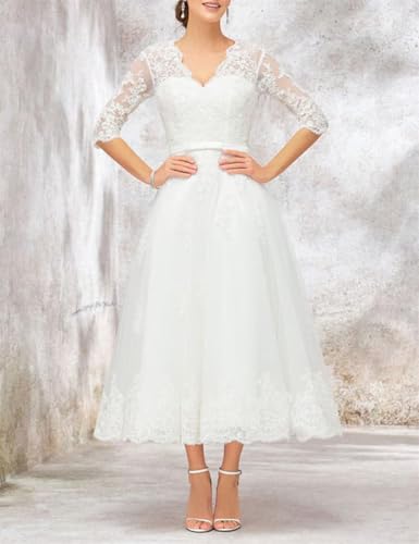 Lace Tea Length Wedding Dresses for Bride A-Line Long Sleeve Bridal Gown Appliques Formal Evening Gowns3