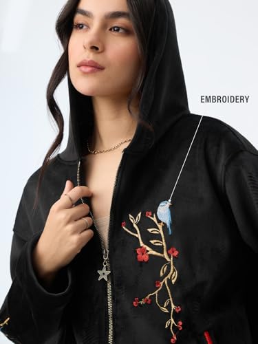 Sweat à capuche en velours léger avec broderie fine et coupe oversize