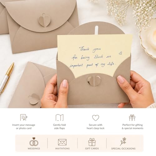 Image of TOWNBUS -Pack of 30 - Heart Clasp Envelope Set with Blank Cards - 6.25 x 4.25 Inch(15.8 x 10.7 cm) Premium Heavyweight Kraft Invitation Envelopes for Weddings-Cappuccino