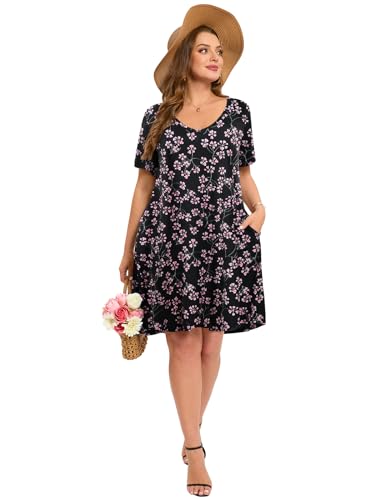 Image of ZENNILO Women's Plus Size Swing Dress with Pockets Casual Summer Dresses V Neck Short Sleeve T Shirt Dress for Women