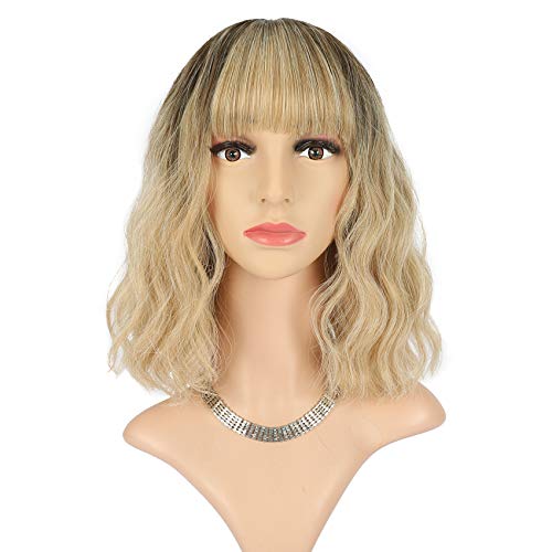FAELBATY Ombre Blonde Wave Wig With Bangs Synthetic Cosplay Blonde Bob Wig for women Costume Wigs ombre (12