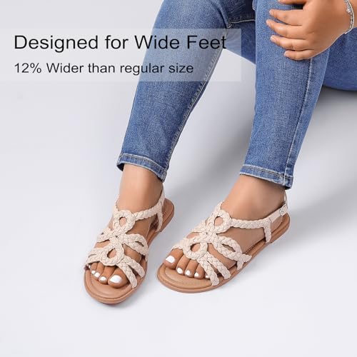 Image of Ruiee Wide Width Sandals for Women, Summer Flat Slides Casual Braided Wide Feet Sandal Comfort Slip on Sandals Open Toe Beach Shoes for Women.