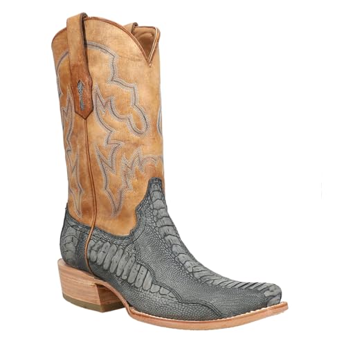 CORRAL MEN'S BLUE/SAND OSTRICH LEG EMBROIDERY NARROW SQ. TOE, LEATHER WITH RUBBER INSERT SOLE, WESTERN A42942
