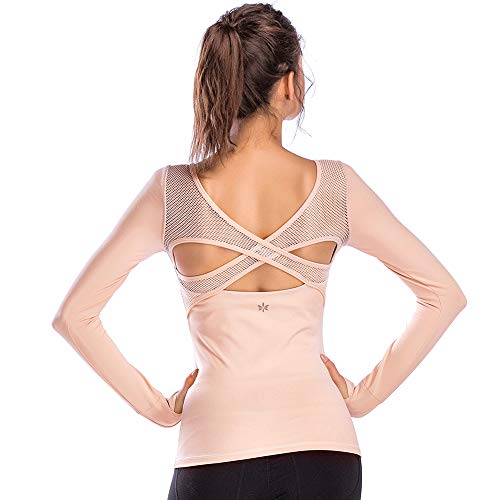 Move With You Women's Workout Yoga Long Sleeve Top Slim Mesh Open Back Cross Sports Shirt with Thumb Holes, L, Pink2