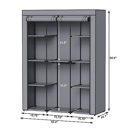 HODYANN Portable Closet, Wardrobe Closet with 10 Storage Shelves and 2 Hanging Rods, Non-Woven Fabric Cover, 52.4 x 18.1 x 66.6 Inches Closet Organizer for Bedroom, Gray by HODYANN - Image 6