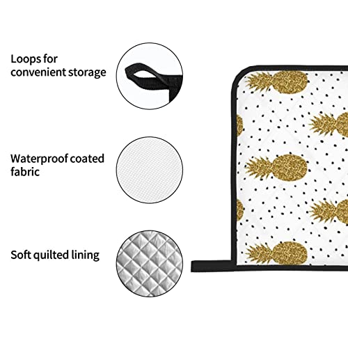 Gold Glitter Pineapples Fruit Printed Oven Mitts And Pot Holders Heat Resistant Potholders Oven Gloves And Pad For Baking Kitchen Grilling - 4 Set #TOP6