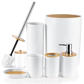 JOTOM 7 Pieces Bamboo Bathroom Accessory Set Luxury Plastic Accessories Qtip Holder Toothbrush Tumbler Toilet Brush Soap Dish Trash Can Dispenser Bath Gift (White) (JQJT1009)