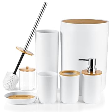 JOTOM 7 Pieces Bamboo Bathroom Accessory Set Luxury Plastic Accessories Qtip Holder Toothbrush Tumbler Toilet Brush Soap Dish Trash Can Dispenser Bath Gift (White) (JQJT1009)