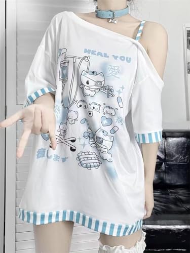 Y2k Harajuku Cartoon Print T Shirts Gothic Women Japanese Fashion Patchwork Off Shoulder T Shirt Kawaii Sweet Tees Tops2