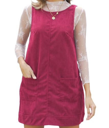 Women Overall Dress Corduroy Round Neck A Line Skirt Sleeveless Crewneck Vintage Overall Jumper Mini Dress with Pockets