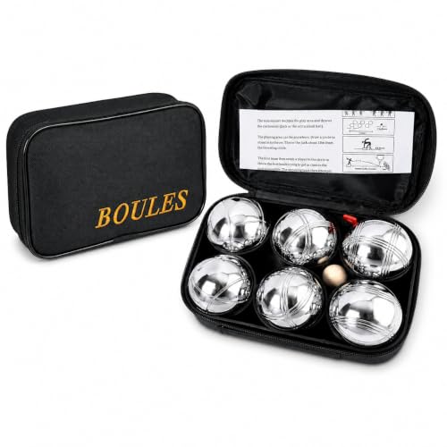 Image of DUAS French Boules Petanque Balls Set in Chrome Steel 3/6/8 Piece Outdoor Game Kit with Wooden Jack, Measuring String and Zipped Carry Case for Garden Beach Camping (Set of 6)