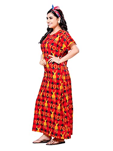 Image of PNAEONG Women Cotton Printed Nighty, Gown Maxi - Free Size Joy, Red
