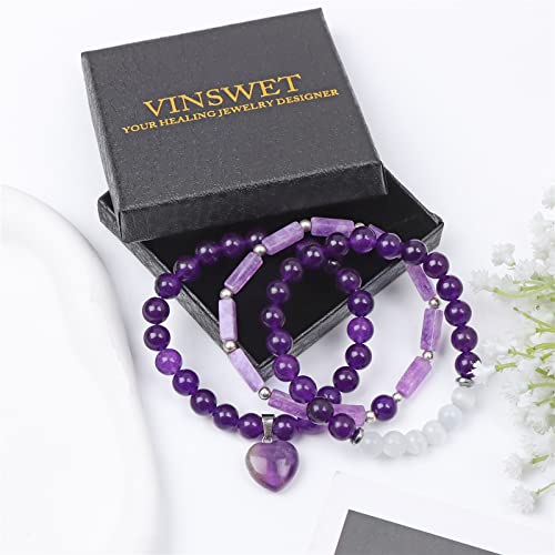 Vinswet Healing Crystal Beaded Bracelets For Women,Natural Amethyst Moonstone Gemstones Bracelet,Anxiety Stress Relief Heart Charm Bracelet Handmade Purple Jewelry Gifts For Women (3Pcs) (Amethyst&6Moonstone) #TOP5
