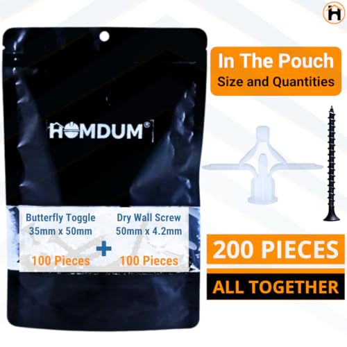 Image of Homdum Toggle Drywall anchor - Butterfly Nylon Plug Size 10 x 35 mm 100 nos with Drywall screw 100 nos total items 200 nos.