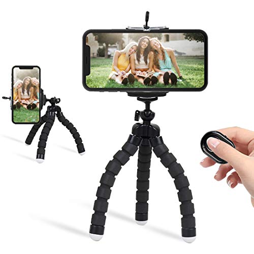 Phone Tripod, Premium Bendable Tripod with Wireless Remote and Universal Clip, Mini Phone Tripod Stand Compatible with All Cell Phones/Cameras, Cell Phone Tripod Stand for Video Recording (Black)