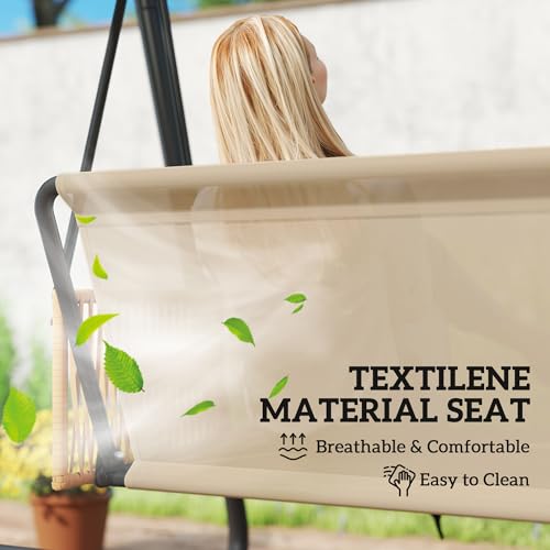 Outsunny 3 Seater Garden Swing Chair With Adjustable Tilting Canopy, 360 Kg Capacity Garden Swing Seat Outdoor Hammock Bench With Breathable Texteline Seat, Zipped Cushions, Metal Frame, Sand Brown - 6