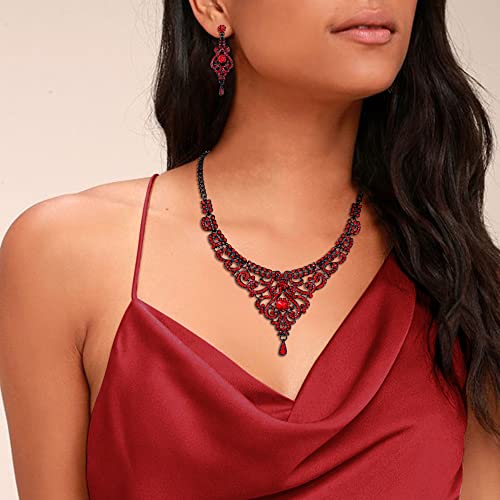 Ever Faith Austrian Crystal Wedding Chandelier Jewelry 1920S Costume Party Vase Necklace Pierced Earrings Stretch Bracelet Set Ruby Color Red Black-Tone #TOP1