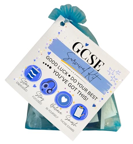 GCSE Survival Kit Good Luck Exam Gift 14 Items listed on the card Blue Bag with exam Card Novelty Theme (Blue)